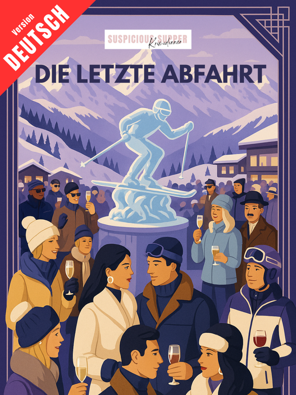 Cover des Krimidinners Die letzte Abfahrt: Après-Ski-Party vor einer Eisskulptur in den Bergen, deutsche Version