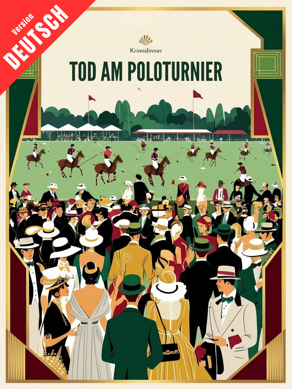 Cover des Krimidinners Tod am Poloturnier: elegante Gäste im Stil der 1920er beim Poloturnier, deutsche Version